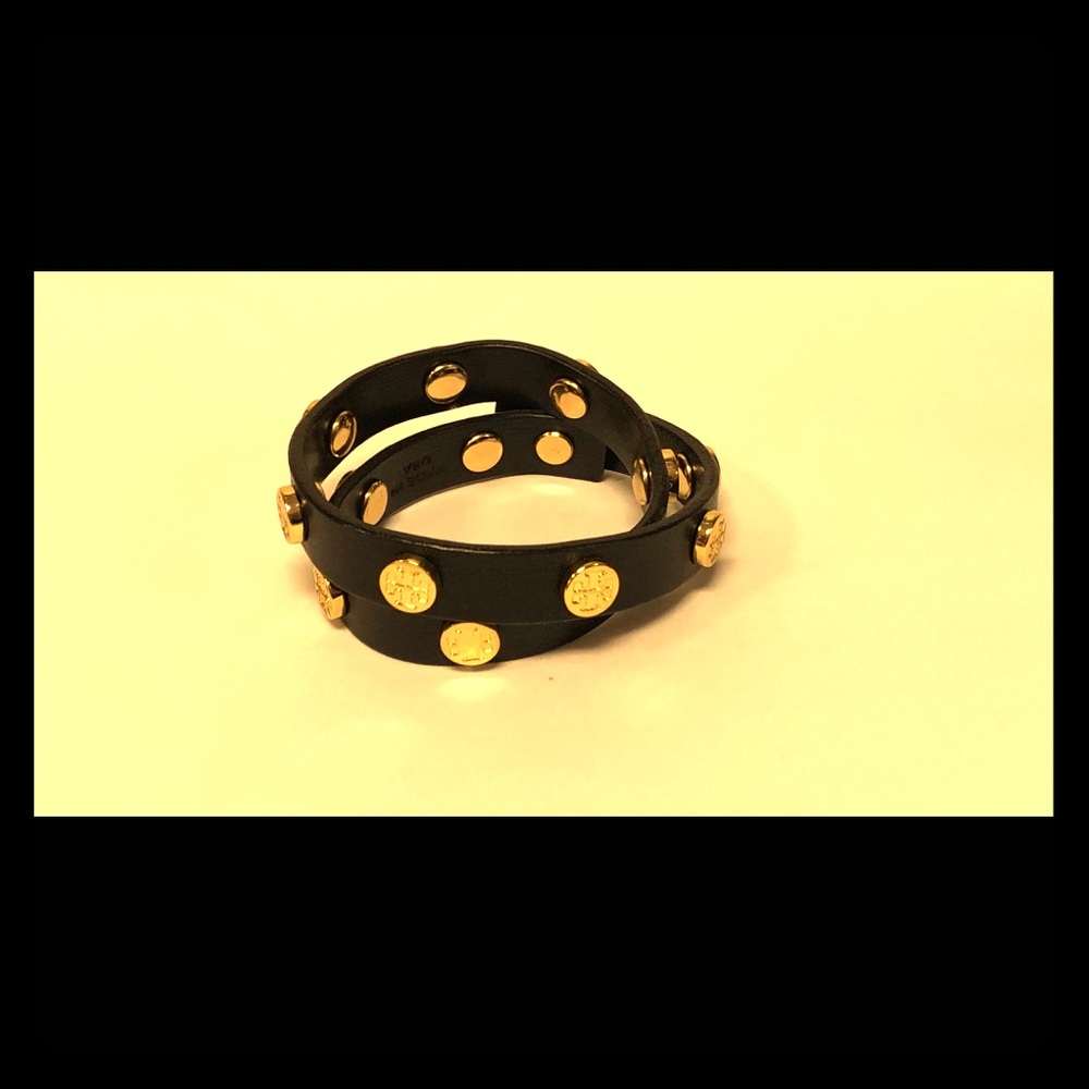Tory Burch leather double wrap logo stud bracelet